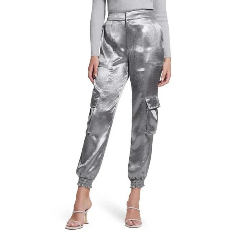 GUESS Women's Soundwave High Rise Satin Cargo Pants Sliver Size Large NEW‎